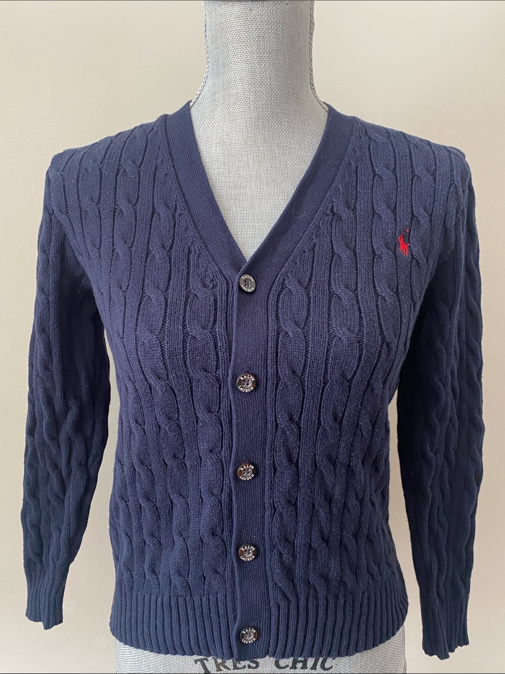 Girls Polo by Ralph Lauren Navy Cable-Knit V-Neck Button Cardigan with Red Pony